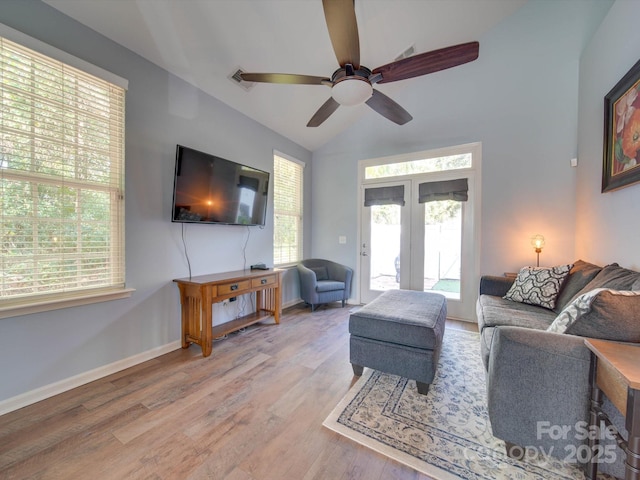 120 Prairie View Ct, Belmont, NC 28012 - living room with french doors, healthy amount of natural light, ceiling fan, wood finished floors, and vaulted ceiling