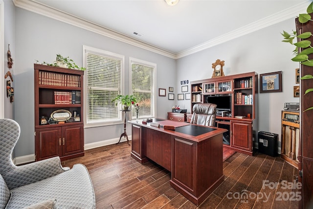 16547 Bastille Dr, Charlotte, NC 28278 - office area featuring crown molding and dark wood-style floors