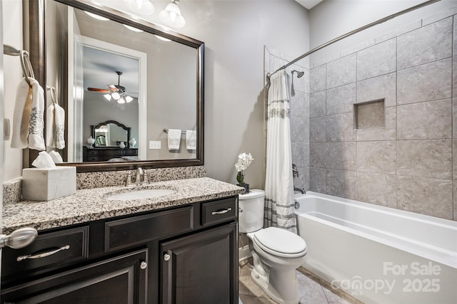 16547 Bastille Dr, Charlotte, NC 28278 - full bath with shower / bath combo with shower curtain, vanity, ceiling fan, and tile patterned flooring