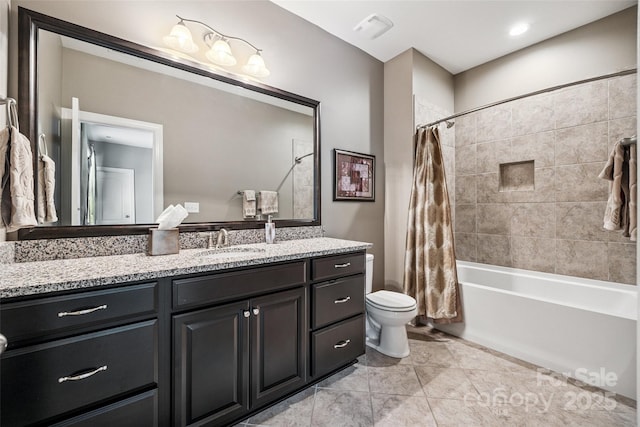16547 Bastille Dr, Charlotte, NC 28278 - full bathroom featuring vanity, shower / bath combo with shower curtain, and tile patterned flooring
