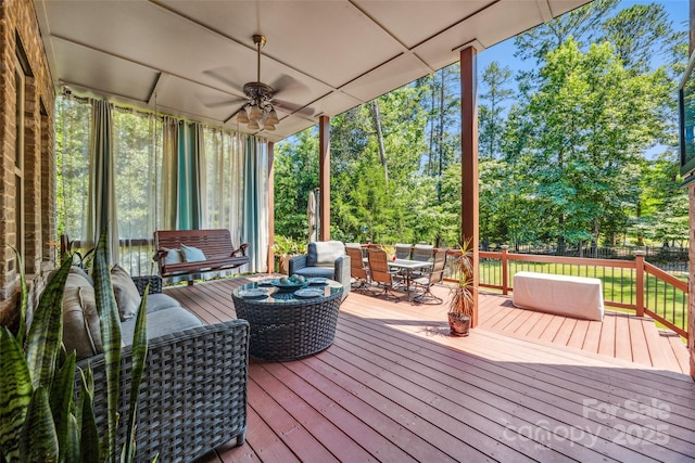 16547 Bastille Dr, Charlotte, NC 28278 - deck with ceiling fan, outdoor dining space, and an outdoor hangout area