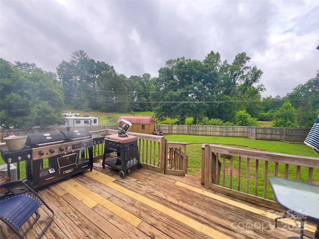 803 Bannon Pl, Lenoir, NC 28645 - wooden deck featuring grilling area, a fenced backyard, and a storage shed