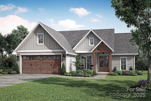 2106 Piper Ridge Dr, Lenoir, NC 28645 - view of front of property featuring french doors, concrete driveway, a front lawn, board and batten siding, and a shingled roof