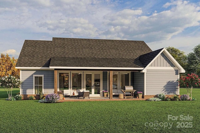 2106 Piper Ridge Dr, Lenoir, NC 28645 - back of house featuring a yard, board and batten siding, french doors, and a shingled roof