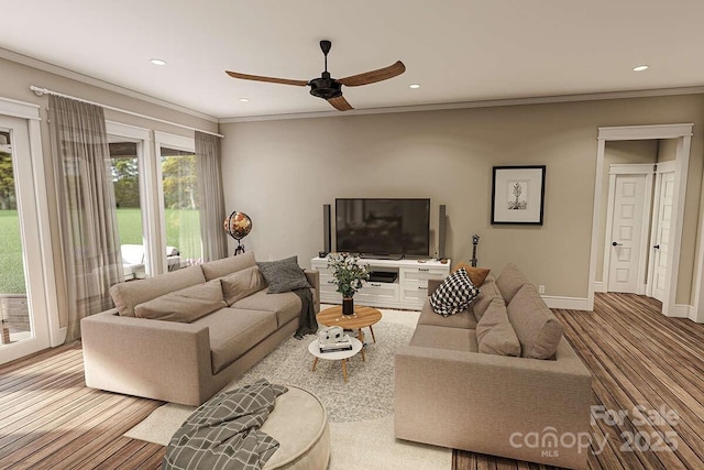 2106 Piper Ridge Dr, Lenoir, NC 28645 - carpeted living room with recessed lighting, ceiling fan, and crown molding