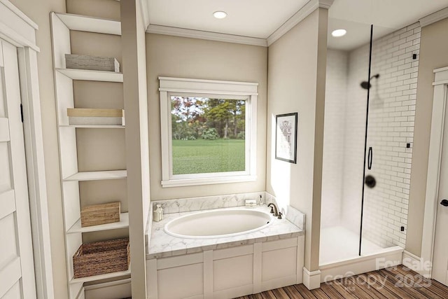 2106 Piper Ridge Dr, Lenoir, NC 28645 - full bathroom featuring a stall shower, a garden tub, ornamental molding, and recessed lighting
