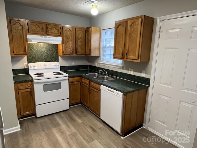 1714 Maribel Ave, Charlotte, NC 28216 - kitchen featuring white appliances, extractor fan, dark countertops, light wood finished floors, and a textured ceiling