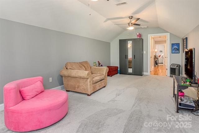 3 Chickadee Ln, Fairview, NC 28730 - living area with a ceiling fan, lofted ceiling, and carpet floors
