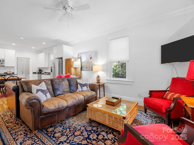 2784 Pea Ridge Rd, Mill Spring, NC 28756 - living area featuring ceiling fan, ornamental molding, recessed lighting, and light wood-type flooring