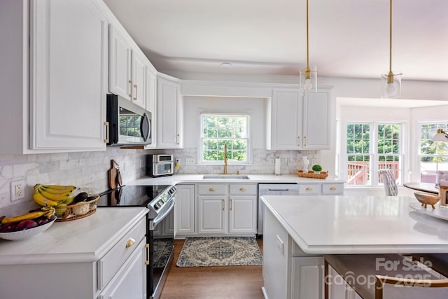 5005 Chestnut Knoll Ln, Charlotte, NC 28269 - kitchen with appliances with stainless steel finishes, dark wood-style flooring, white cabinetry, and light countertops