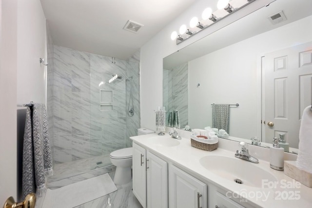 5005 Chestnut Knoll Ln, Charlotte, NC 28269 - full bathroom with marble look tile flooring, double vanity, and a marble finish shower
