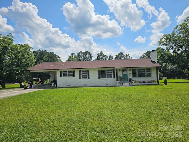 3546 Kershaw Camden Hwy, Lancaster, SC 29720 - single story home with crawl space, driveway, a front yard, a chimney, and an attached carport