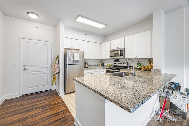 1315 E Blvd Unit 321, Charlotte, NC 28203 - kitchen featuring stainless steel appliances, a peninsula, wood finished floors, light stone countertops, and white cabinetry