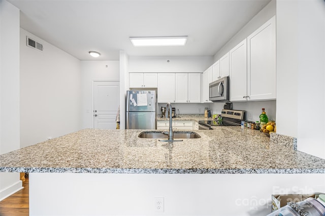 1315 E Blvd Unit 321, Charlotte, NC 28203 - kitchen featuring appliances with stainless steel finishes, a peninsula, light stone counters, white cabinets, and dark wood finished floors