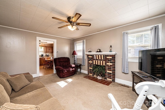 905 Orchard St SW, Valdese, NC 28690 - living area with a brick fireplace, ornamental molding, plenty of natural light, ceiling fan, and carpet flooring
