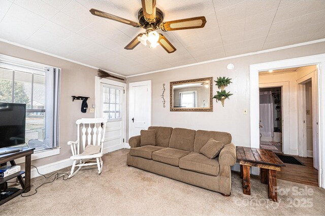 905 Orchard St SW, Valdese, NC 28690 - carpeted living room with crown molding and a ceiling fan
