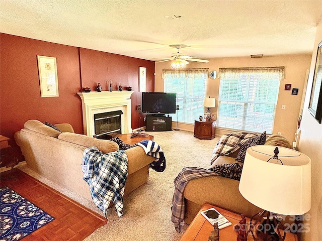 1902 Stonewyck Ave, Kannapolis, NC 28081 - carpeted living area featuring a glass covered fireplace, a ceiling fan, and a textured ceiling