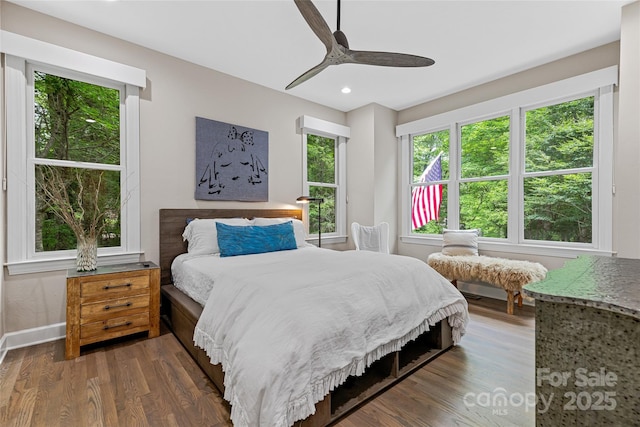 877 Winding Creek Rd, Sapphire, NC 28774 - bedroom with wood finished floors, multiple windows, recessed lighting, and ceiling fan