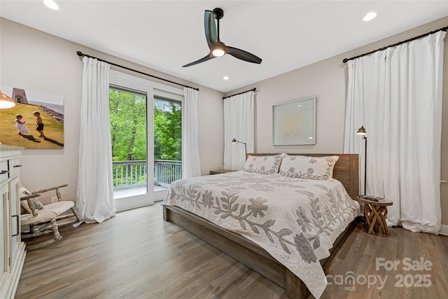 877 Winding Creek Rd, Sapphire, NC 28774 - bedroom featuring access to outside, wood finished floors, and ceiling fan