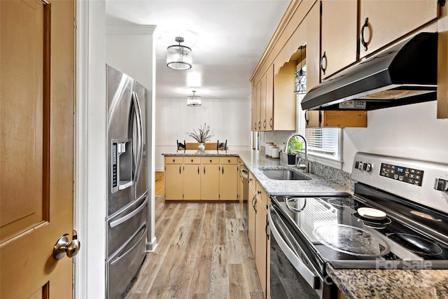 233 Church St, Ellenboro, NC 28040 - kitchen featuring stainless steel appliances, under cabinet range hood, light wood-style flooring, a peninsula, and light stone counters