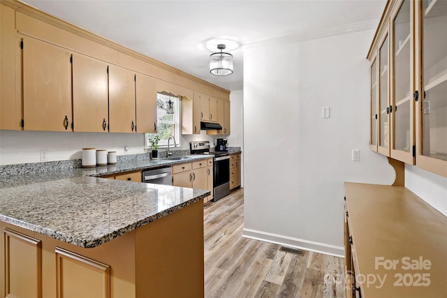 233 Church St, Ellenboro, NC 28040 - kitchen featuring appliances with stainless steel finishes, light wood-type flooring, a peninsula, ornamental molding, and stone countertops