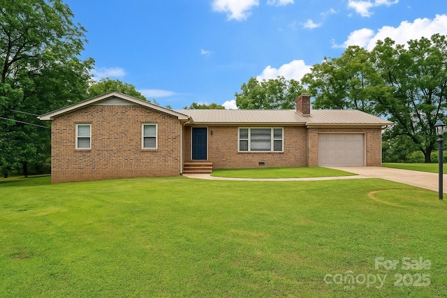 233 Church St, Ellenboro, NC 28040 - ranch-style home with a garage, a chimney, concrete driveway, brick siding, and a front yard