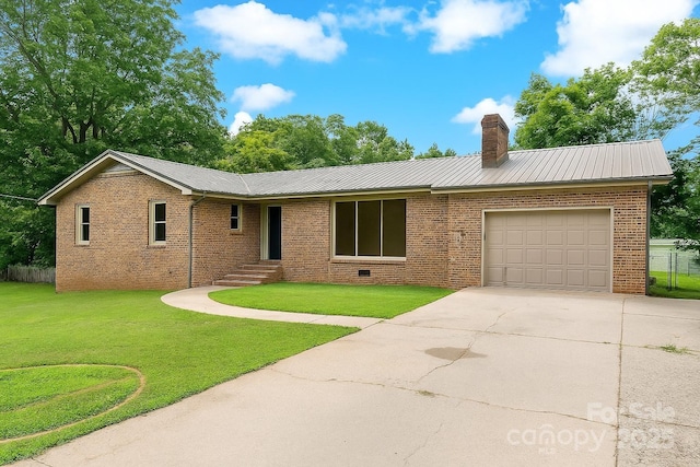 233 Church St, Ellenboro, NC 28040 - single story home featuring a garage, driveway, a chimney, brick siding, and a metal roof