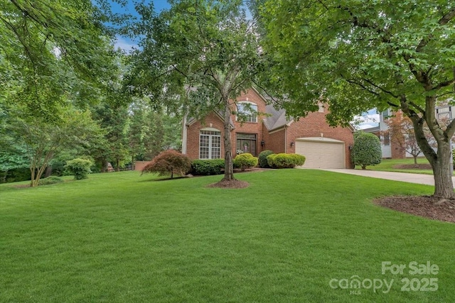 9040 Scottsboro Dr, Huntersville, NC 28078 - view of property hidden behind natural elements with driveway, a front lawn, brick siding, and a garage