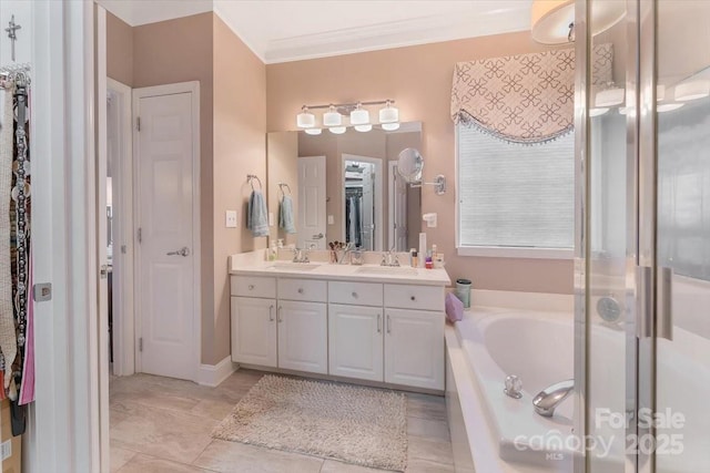 9040 Scottsboro Dr, Huntersville, NC 28078 - full bathroom featuring double vanity, crown molding, a bath, a closet, and an enclosed shower