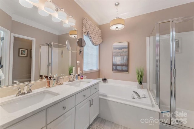 9040 Scottsboro Dr, Huntersville, NC 28078 - bathroom featuring a shower stall, double vanity, a bath, and crown molding
