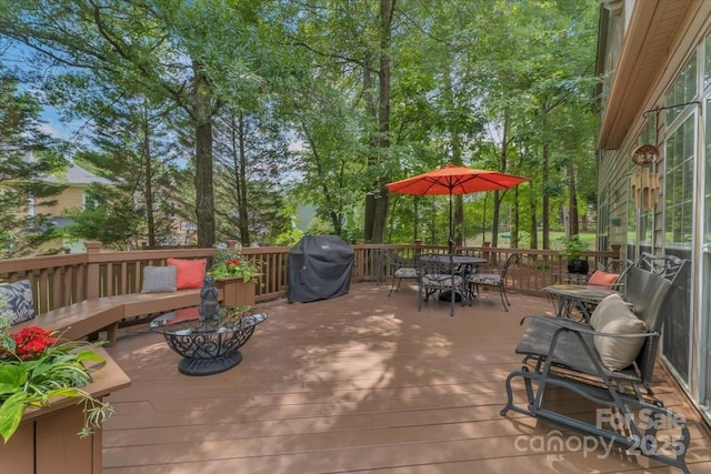 9040 Scottsboro Dr, Huntersville, NC 28078 - wooden terrace featuring a grill and outdoor dining space
