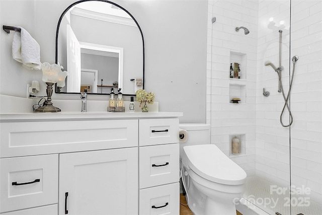 921 NE Dr, Davidson, NC 28036 - full bathroom with tiled shower, vanity, and a wainscoted wall