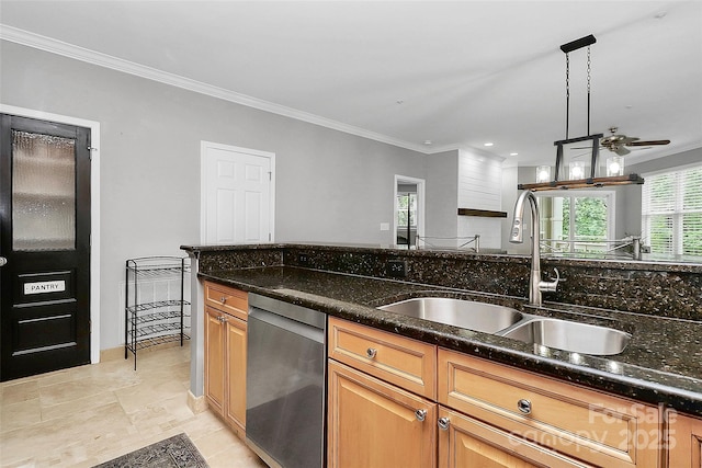 921 NE Dr, Davidson, NC 28036 - kitchen with dishwasher, ornamental molding, ceiling fan, dark stone counters, and recessed lighting