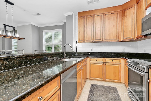 921 NE Dr, Davidson, NC 28036 - kitchen with appliances with stainless steel finishes, crown molding, dark stone countertops, backsplash, and brown cabinetry