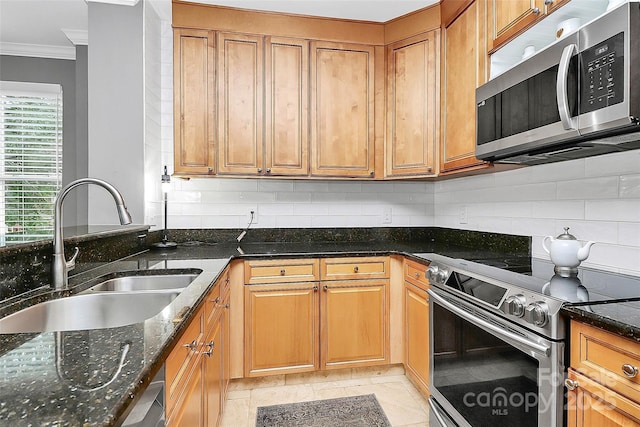 921 NE Dr, Davidson, NC 28036 - kitchen featuring stainless steel appliances, crown molding, dark stone countertops, backsplash, and brown cabinets