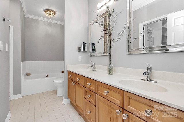 921 NE Dr, Davidson, NC 28036 - bathroom with ornamental molding, double vanity, a garden tub, and tile patterned flooring