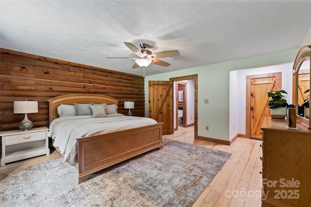 6836 Summer Hill Dr, Denver, NC 28037 - bedroom with light wood-type flooring, log walls, a textured ceiling, and a ceiling fan