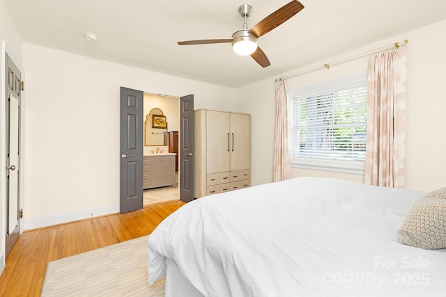 4526 Longwood Dr, Charlotte, NC 28209 - bedroom with light wood-type flooring, connected bathroom, and a ceiling fan