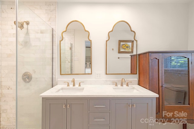 4526 Longwood Dr, Charlotte, NC 28209 - bathroom featuring double vanity and tiled shower