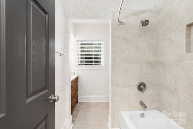 4526 Longwood Dr, Charlotte, NC 28209 - full bathroom featuring vanity, shower / washtub combination, wallpapered walls, and tile patterned flooring