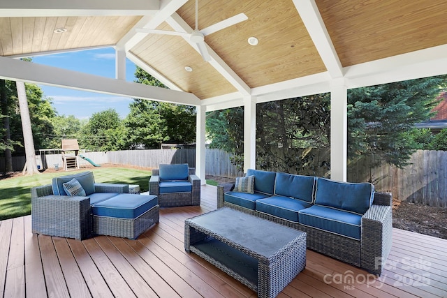 4526 Longwood Dr, Charlotte, NC 28209 - wooden deck featuring outdoor lounge area, a fenced backyard, and a playground