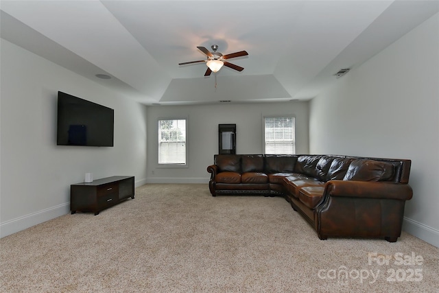 3913 Widgeon Way, Waxhaw, NC 28173 - living area featuring a raised ceiling, ceiling fan, and carpet flooring