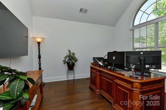 3913 Widgeon Way, Waxhaw, NC 28173 - home office with vaulted ceiling and dark wood-style floors