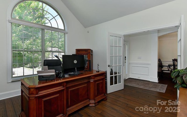 3913 Widgeon Way, Waxhaw, NC 28173 - office space featuring french doors, vaulted ceiling, and dark wood-type flooring
