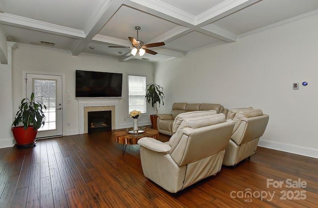 3913 Widgeon Way, Waxhaw, NC 28173 - living room with coffered ceiling, ceiling fan, dark wood-type flooring, beamed ceiling, and a fireplace