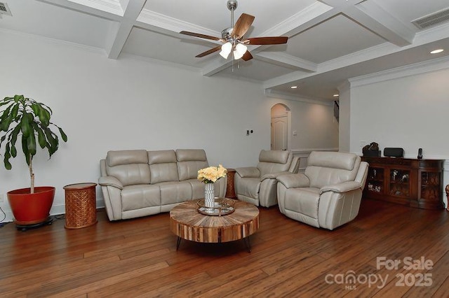 3913 Widgeon Way, Waxhaw, NC 28173 - living room with coffered ceiling, arched walkways, a ceiling fan, beam ceiling, and crown molding