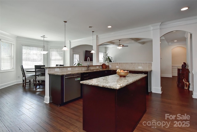 3913 Widgeon Way, Waxhaw, NC 28173 - kitchen featuring dishwasher, a ceiling fan, arched walkways, light stone counters, and crown molding