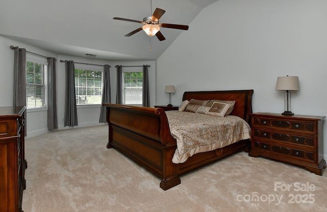 3913 Widgeon Way, Waxhaw, NC 28173 - bedroom with light carpet, lofted ceiling, and a ceiling fan