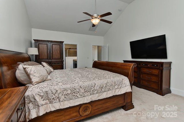 3913 Widgeon Way, Waxhaw, NC 28173 - bedroom with light carpet, high vaulted ceiling, and ceiling fan