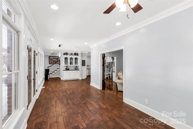 1933 Tara Trl, Lancaster, SC 29720 - unfurnished living room featuring stairway, crown molding, ceiling fan, recessed lighting, and dark wood finished floors